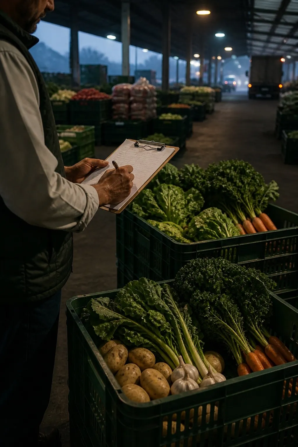 Curadoria de hortifruti no mercado de abastecimento antes do amanhecer